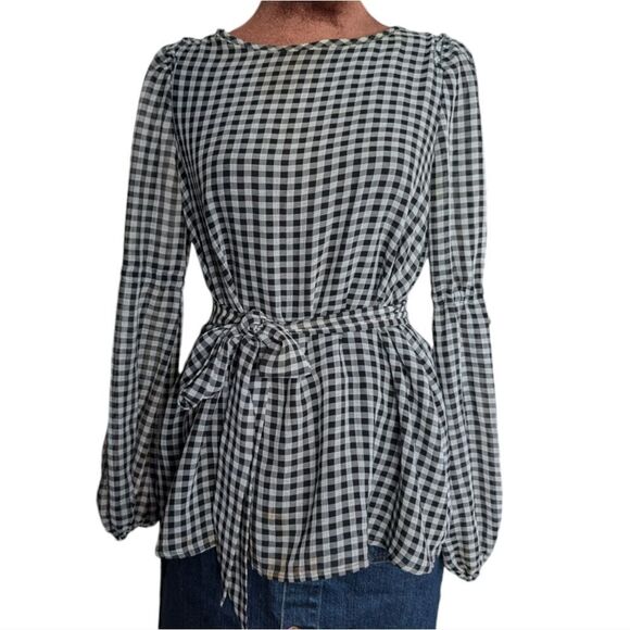 Max Studio chiffon gingham peasant blouse with removable tie belt size S - Picture 2 of 16